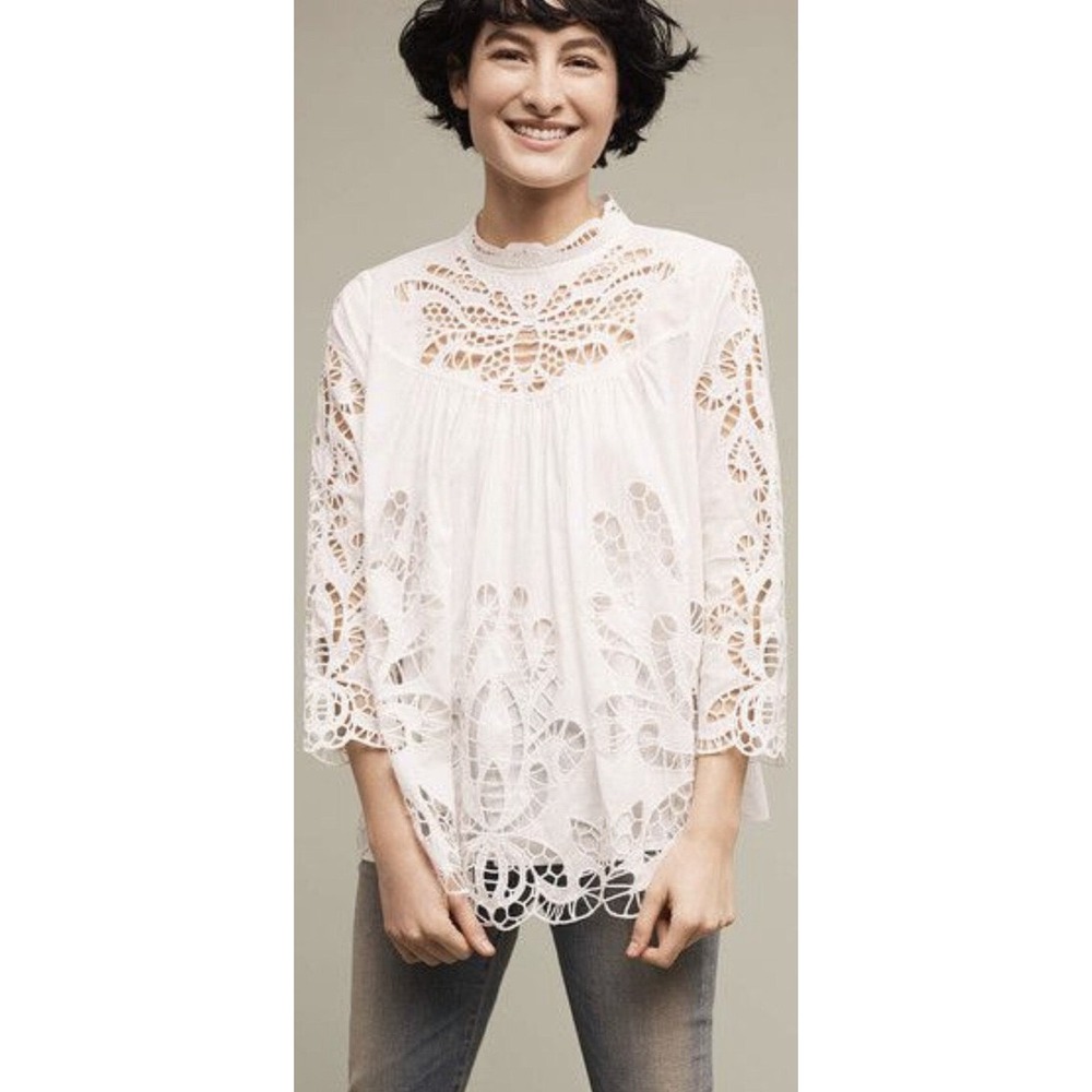 Anthropologie Harlyn White Lace Eyelet Blouse Mock Neck 3/4 Sleeve Cotton Top S